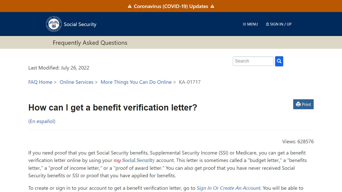 How can I get a benefit verification letter? · FAQ | SSA